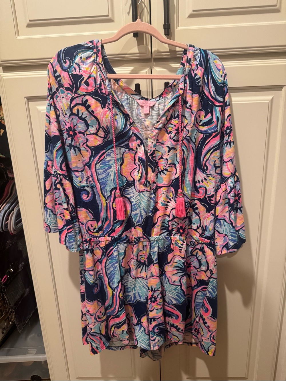 Lilly Pulitzer Pink & Navy Floral V-Neck Drawstring Mini Dress
